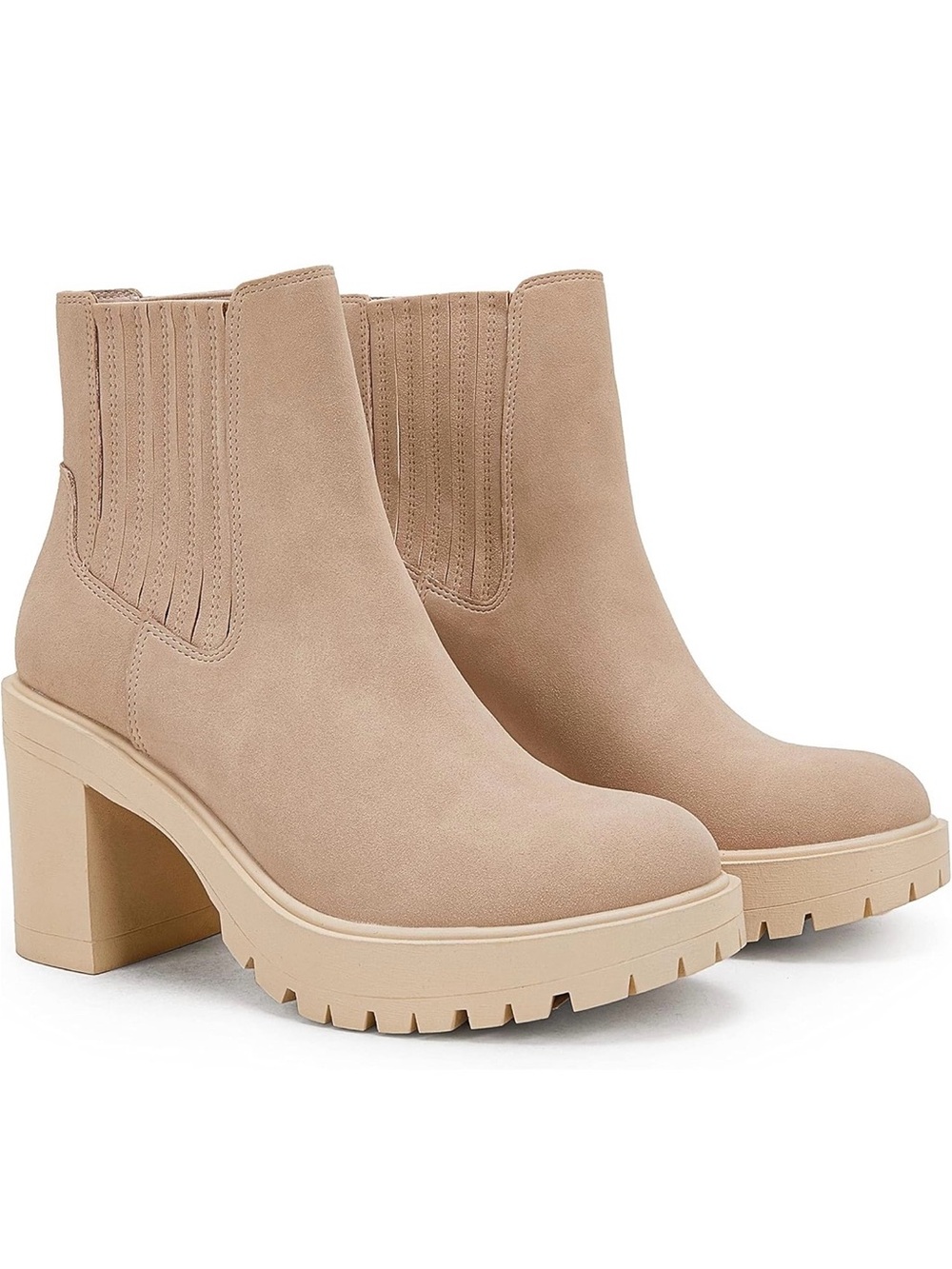 Chunky Chelsea Style Block Heel Ankle Boots - Light Beige, NEW IN BOX